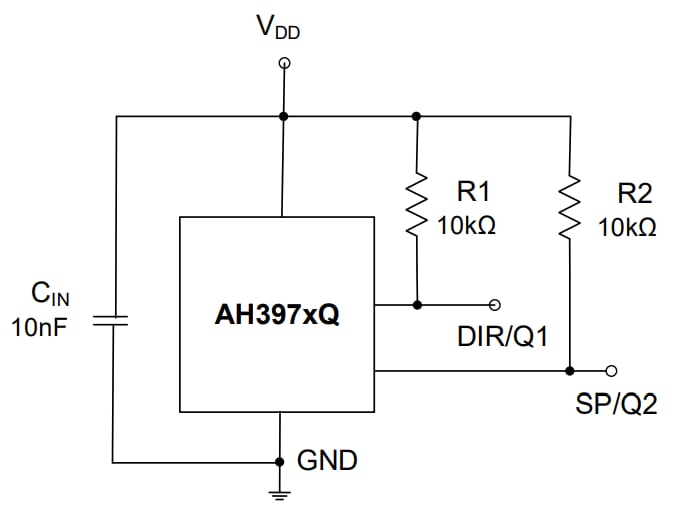 应用电路图 - Diodes Incorporated AH397xQ 汽车双霍尔效应闩锁